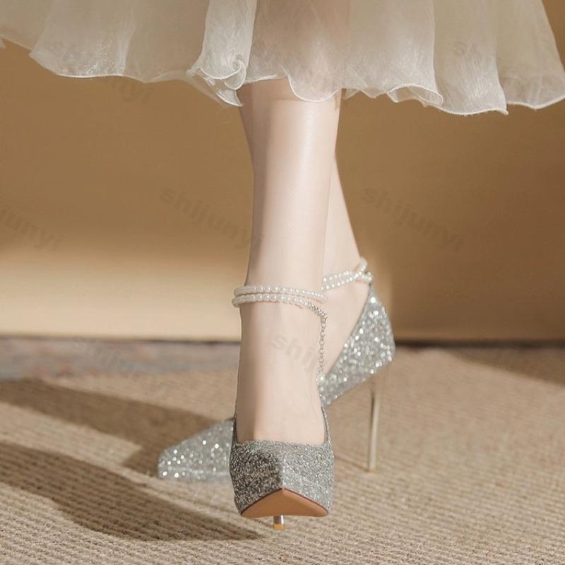 Fashion Women New Wedding Crystal Sequins Pumps Women Party Wedding Bling Glitter High Heels Shoes Ladies High Heels Pearl Chains Shoes