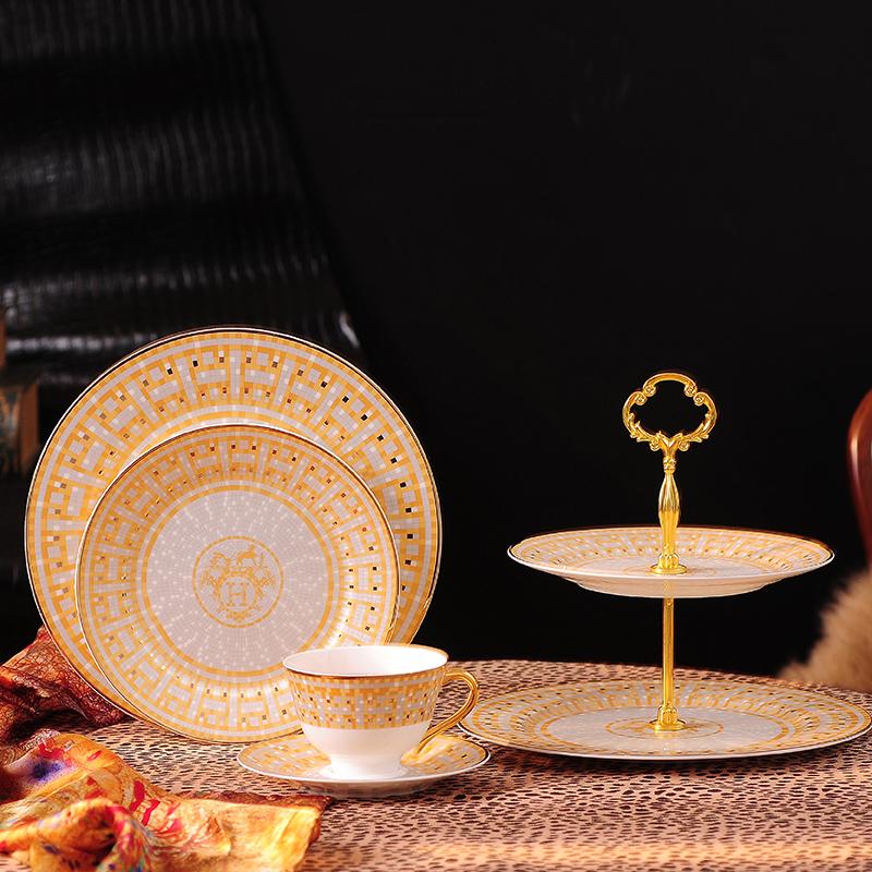 Elegant European Style Bone China Two-Tier Afternoon Tea Stand with Gold Mosaic Design