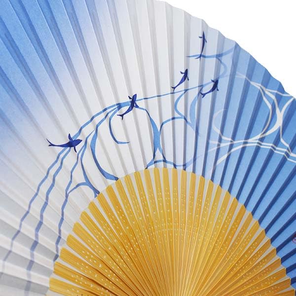 Kimono Folding White Bamboo Flowing Water and Sweetfish Light Blue [Stylish Iroha] Men's Fan, Carving, Scented, Design,