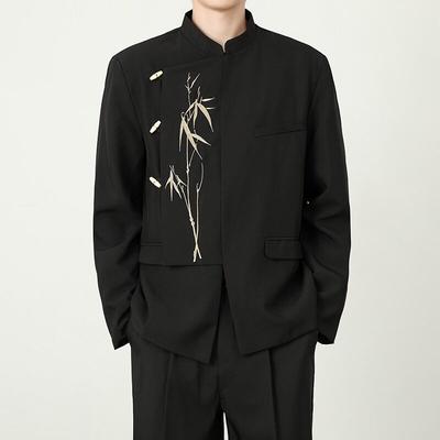 Chinese Style Irregular Suit Jackets Men Black Handsome Blazers Men Leisure Suit Jacket Male Streetwear Bamboo Embroidery Blazer