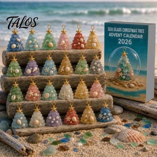 Coastal Home Holiday Ornaments 2026 Christmas Advent Calendar, Sea Glass Tree 2D Acrylic Ornament Set Aesthetic Gift Box with Hanging String,