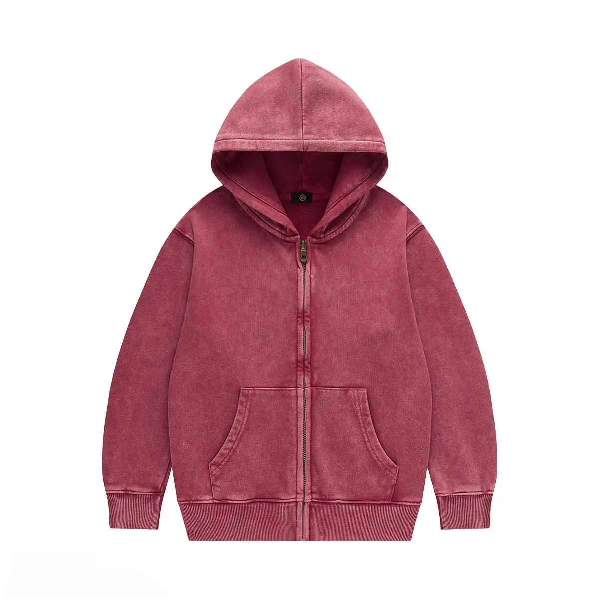 

Детская верхняя одежда 2024 года, осень, модные, классные, 350 г, махровый хлопок, винтажные толстовки с капюшоном на молнии для мальчиков и девочек, повседневные спортивные топы, детская одежда 160cm темно-красного