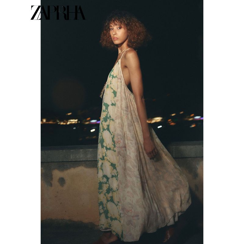 Zaprha 2025 Лето Новый Праздничный Стиль Открытая Спина Тонкие Бретели Цветочный Принт Лоскутное Платье 2826127