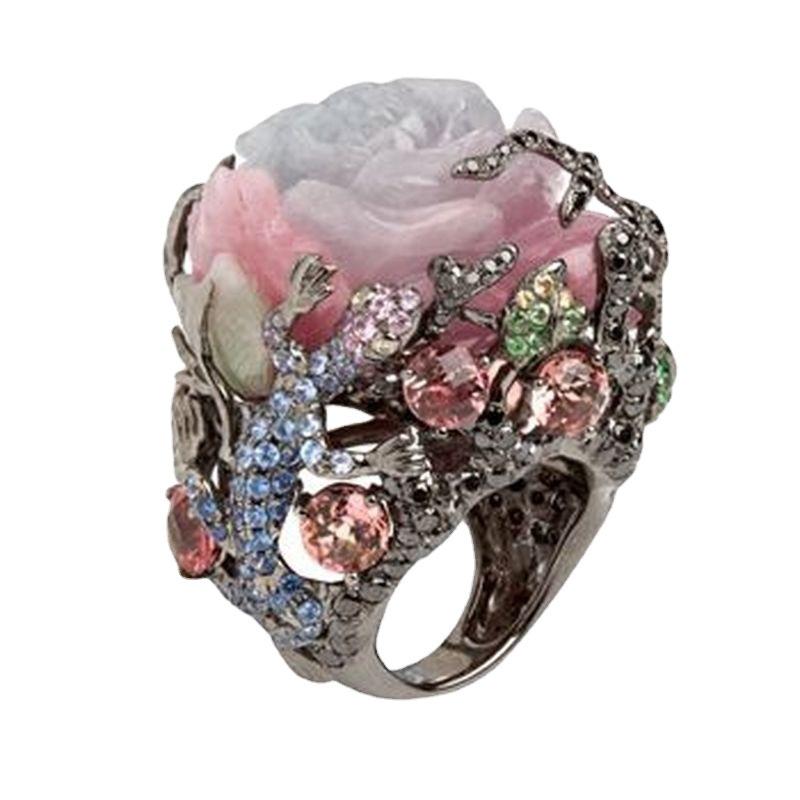 Chenrui Black Gold Peony Flower & Stone Lizard Ring - European & American Style Women's Jewelry