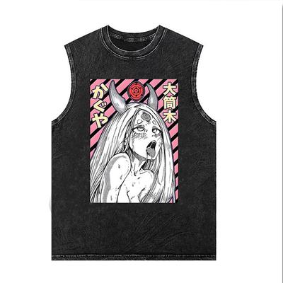 Japanese Anime Collaboration Sleeveless T-shirt Vintage Washed Vest Mens Womens Gym Clothing Loose Tank Tops