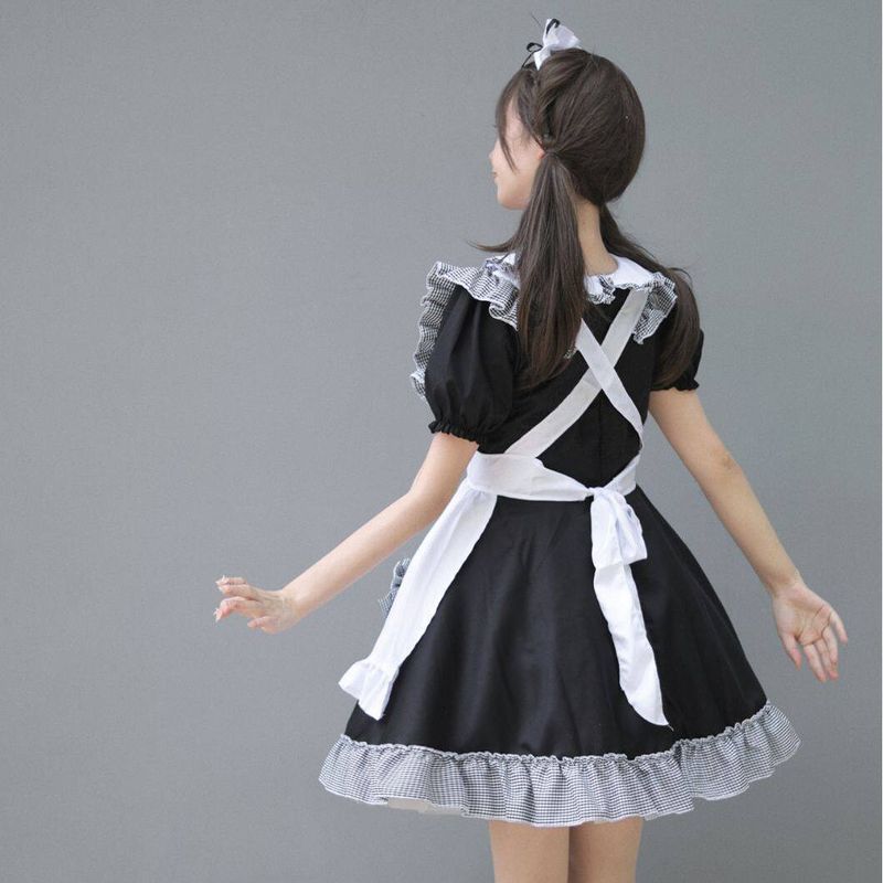 Cosplay Japanese Anime New 4-Piece Maid Outfit Cute Princess Dress Black and White Checkered Bow Maid Style