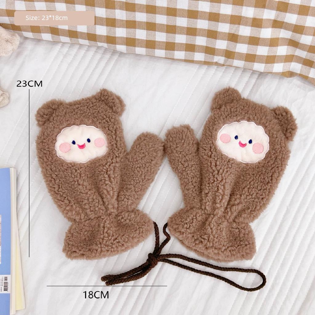 Japanese and Korean Cartoon Gloves, Autumn and Winter Fleece-Lined, Cute Chacha Bear Full-Finger Neck-Hanging Thickened Windproof Warm Casual Plush