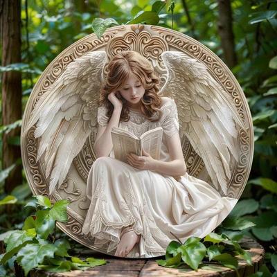 Round Wooden Sign for Wall Decoration, 2D Flat Print, Religious Christmas Angel, Perfect Sculpture, Gift Idea, 8in, 11.8in