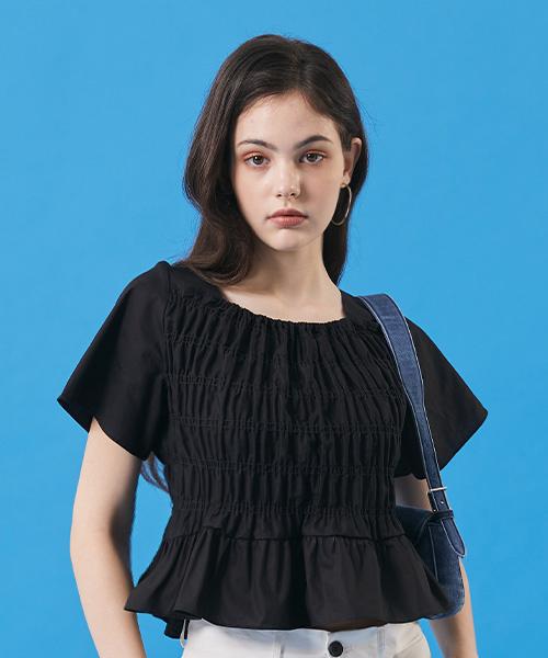 KOLEAT Women Crop Pleated Vienna Flare Short Sleeve Tee [Black]