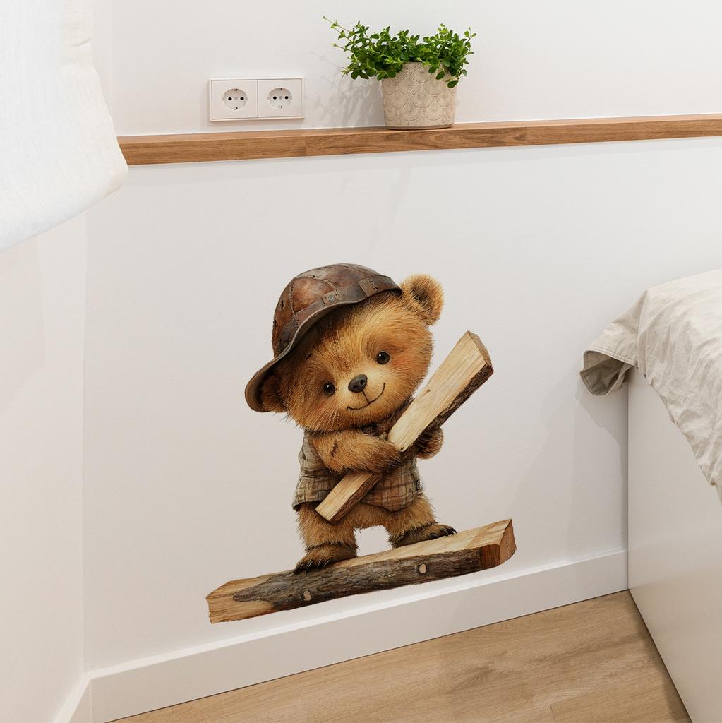 Cartoon Bear on Wood Log Wall Stickers, Cute Removable Self-Adhesive for Kids Room Nursery Home Decor