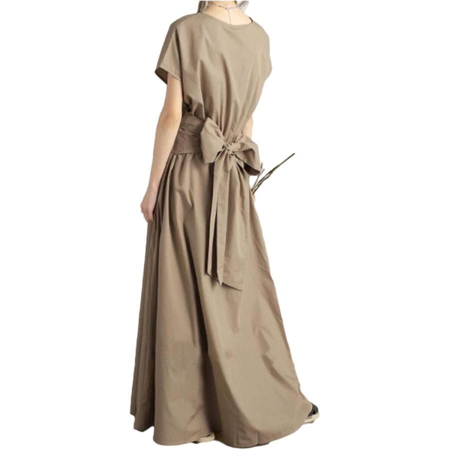 Lily Chocolat Long Dress, Summer, Women s, Short Sleeve, Spring/Summer, Waist Ribbon, A-Line, Casual Dress, Short Sleeve (Brown, M)
