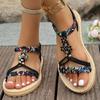 2025 Summer Beach Bohemian Sandals Women Black Floral Beaded Plus Size 43 Flat Heels Shoes Woman Non-Slip Slides Sandalias Mujer