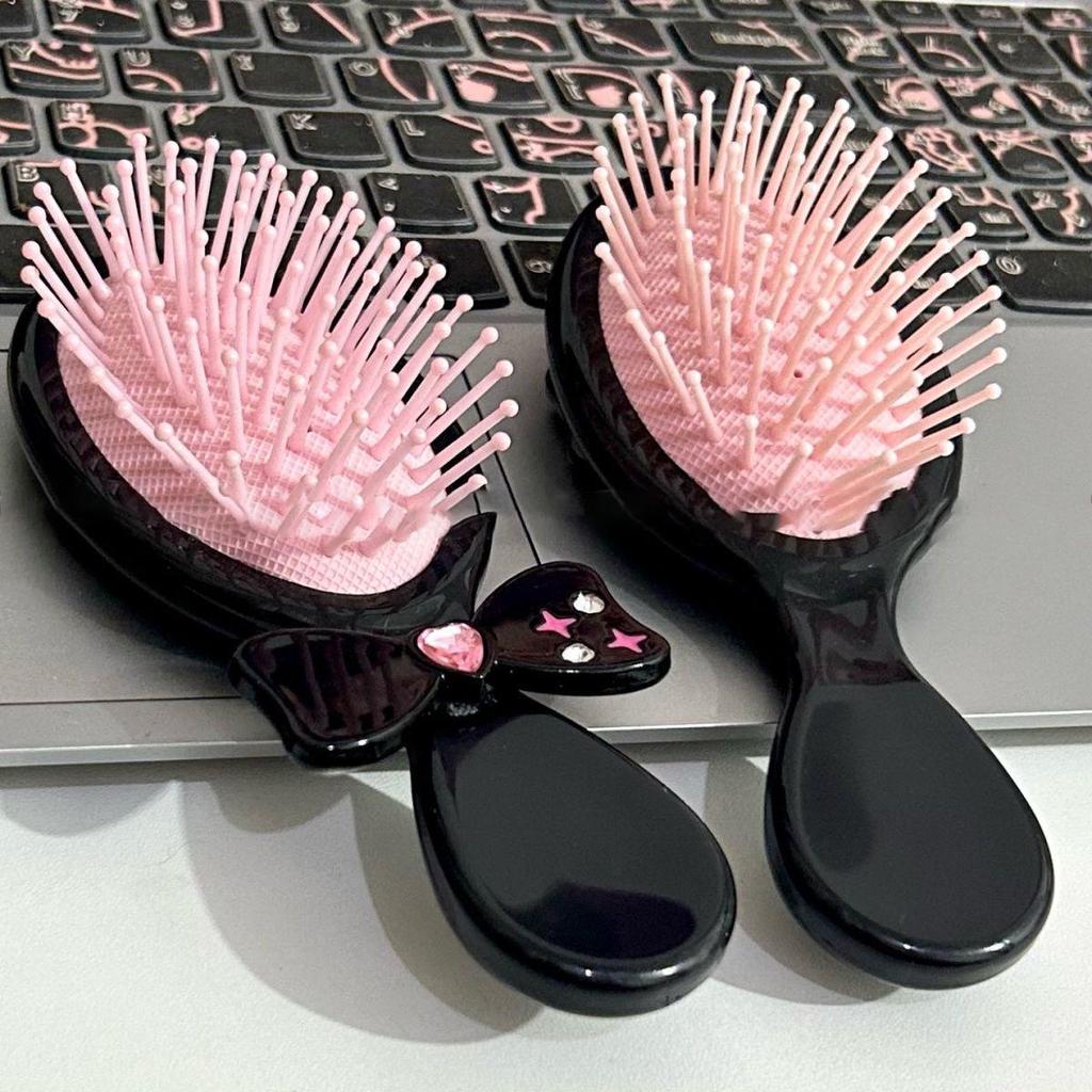 Pink & Black Y2K Bow Airbag Massage Comb – Cute, Portable DIY Hairbrush