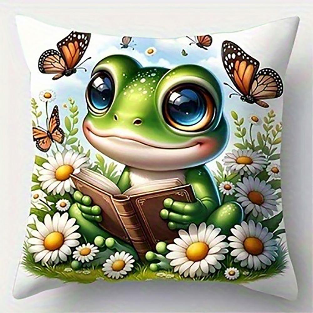Frog Reading Book Among FlowersSuitable for Sofa Car Bedroom Decorative Cushion Cover Pillow Cover