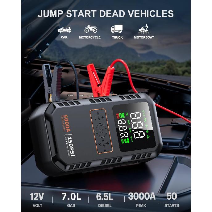 5000A 150PSI Car Jump Starter with Air Compressor Auto Tire Inflator, Large LCD Display, LED Light, for Cars, Bike & Motorcycle