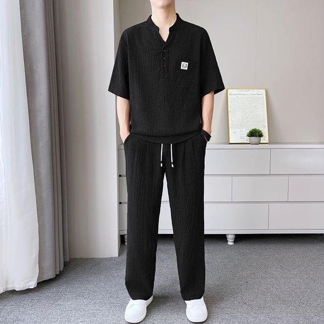 Men's Summer 2026 Ice Silk V-neck Polo Shirt & Long Pants Matching Set