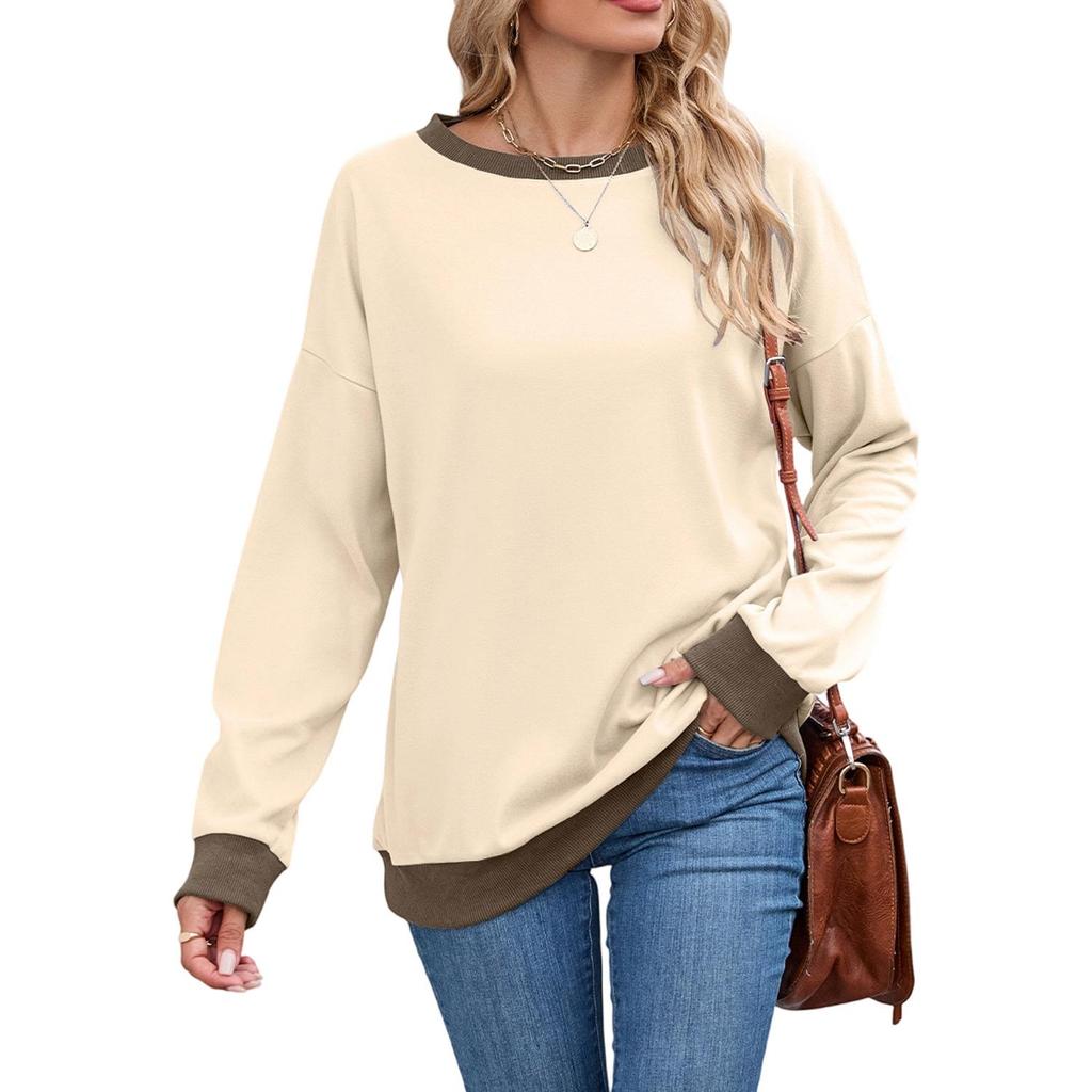 European and American Women's Round Neck Loose Top Long Sleeve Color Matching Ribbed Ladies Sweatshirt
