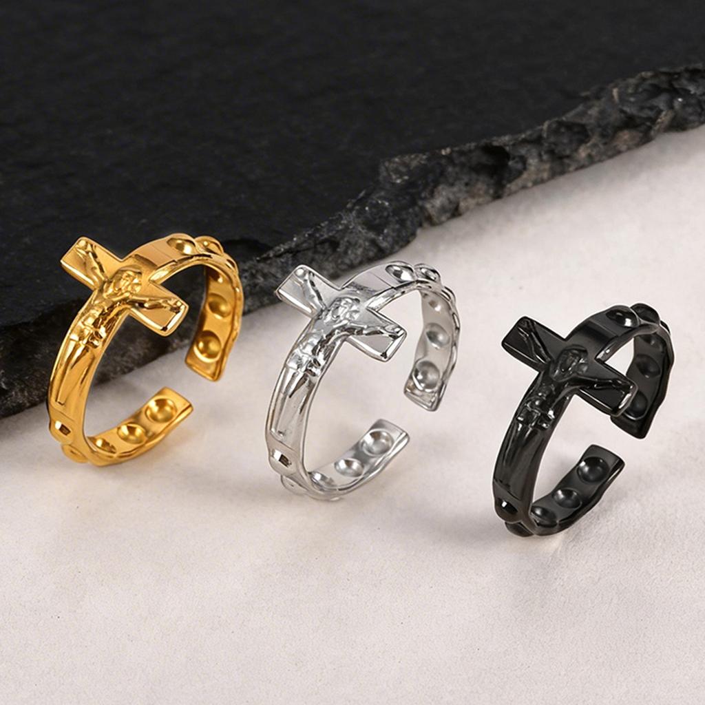 Vnox Stainless Steel Open Cross Ring for Men, Adjustable Jesus Crucifix Faith Band, Black Gold Silver Color Religious Rings NEW
