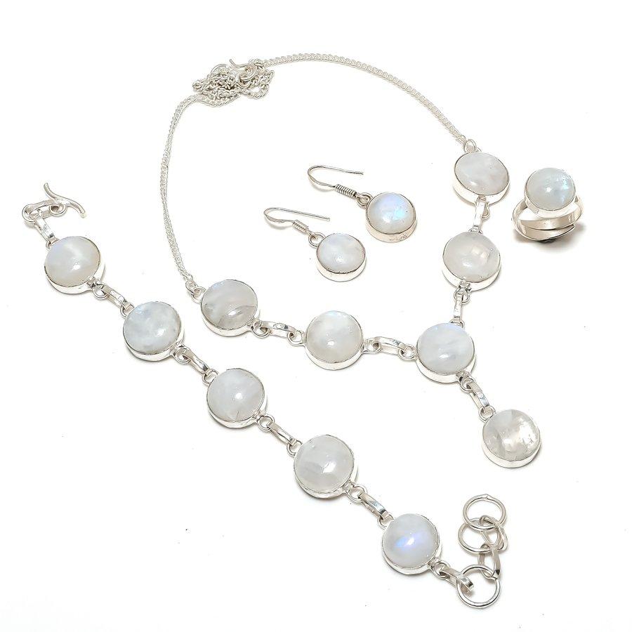 Rainbow Moonstone Round Gemstone Jewelry Set Gift Necklace Bracelet Ring Earring