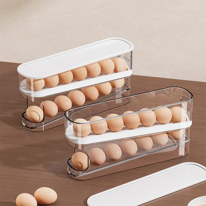 Automatic Rolling Egg Dispenser for Fridge 2-Tier Space-Saving Egg Holder Organizer Box Kitchen Storage Rack