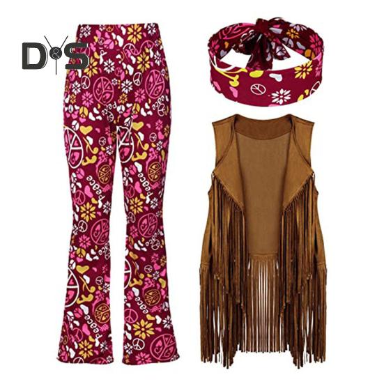 Damen Hippie-Kostüm, Outfits, Retro-Schlaghose, Quaste, Weste, Stirnband, Set für Halloween, Cosplay, Nachtclub, Tanz