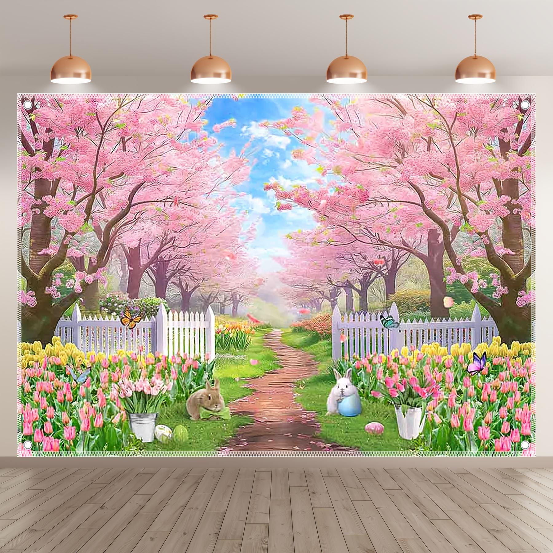 2D flat banner 1PC [2D flat] 1 piece, Spring Forest Cherry Blossom Trail Easter Photography Background 180X110