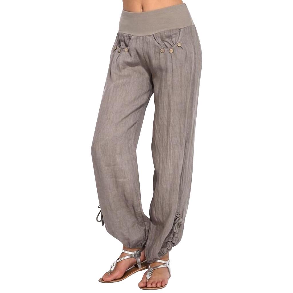 Fashion Women Solid Buttons Cotton And Linen Casual Loose Trouser Wide Leg Pants