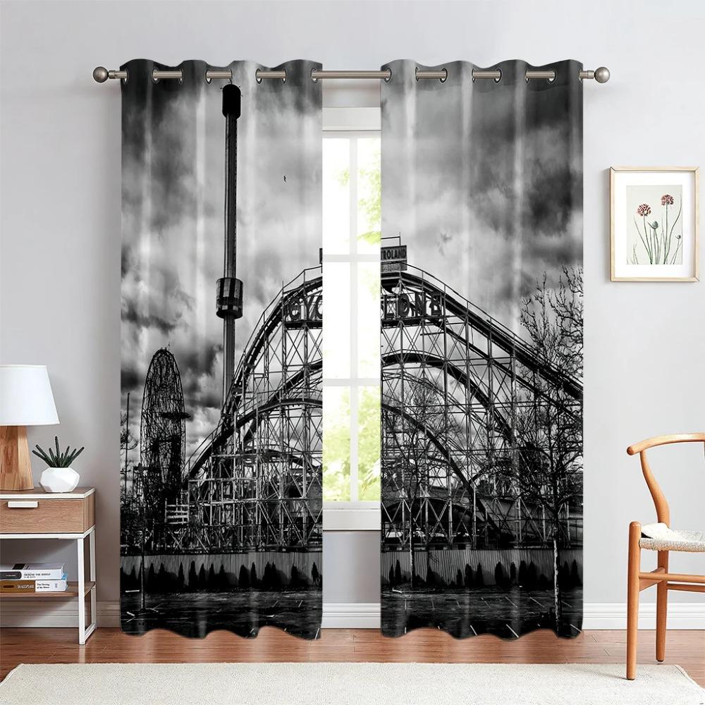 Stadtgebäude 3D-gedruckte Vorhänge Straßenansicht Flussblick Schwarzweiß Handgemalt Industriestil Wohnzimmer Vorhänge 2 Stück
