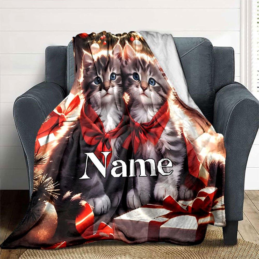 Kittens In Red Ties At Christmas Multi Purpose Customizable Blanket Customize Your Name Ultra Soft Great For Sofa Couch Office Bed Picnics All Season
