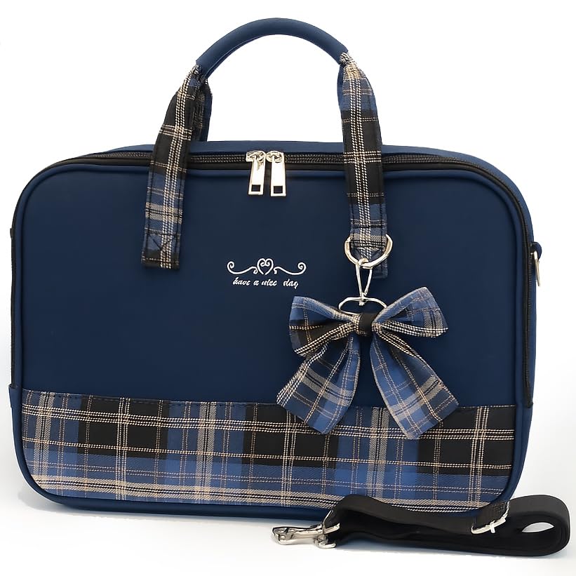 ANJOU Calligraphy Set for Girls School Cute Blue Check Ribbon with Calligraphy and Includes Writing and Hanshi File (Elementary Students) Bag, 2-Way