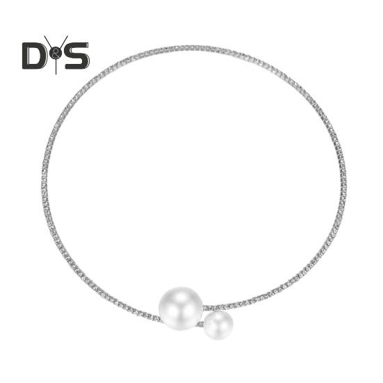 2Pcs/Set Women Elegant Jewelry Set Shiny Rhinestones Faux Pearls Adjustable Open Collar Necklace Bangle Set