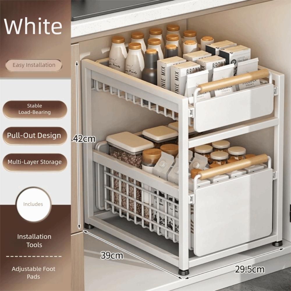 Pull Out Drawer Basket Rack with Wooden Handle Double-layer Under Sink Rack Organizer Sliding Kitchen Storage Rack