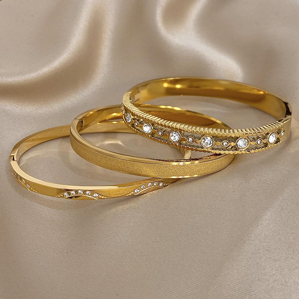 Exquisite Inlaid Zircon Cuff Bracelet Bangle New Gold Plated Women's Men Geometric Stackable Waterproof Charms Jewelry Gifts