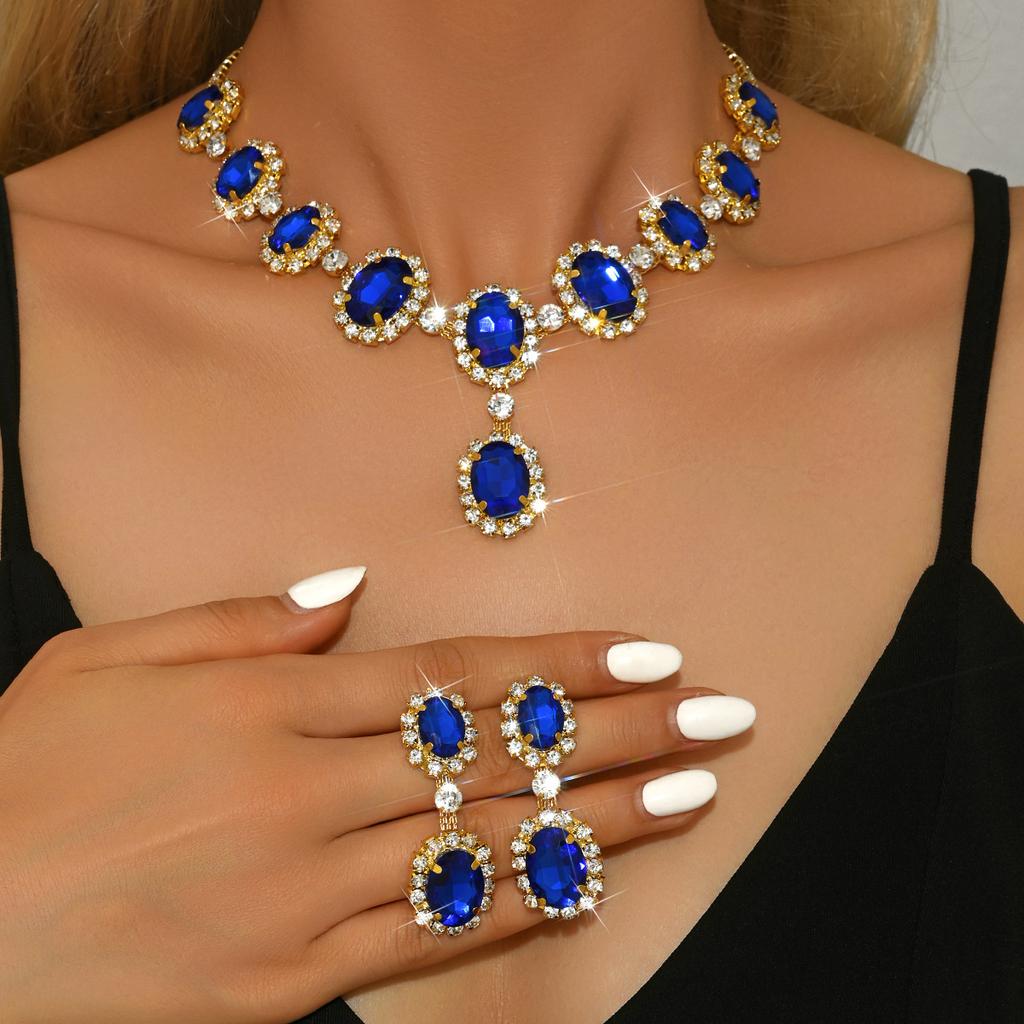 Fashion Colored Diamond Water Drop Shape Super Flash Temperament Set Chain Earrings Necklace Exaggerated Two-Piece Bridal Jewelry