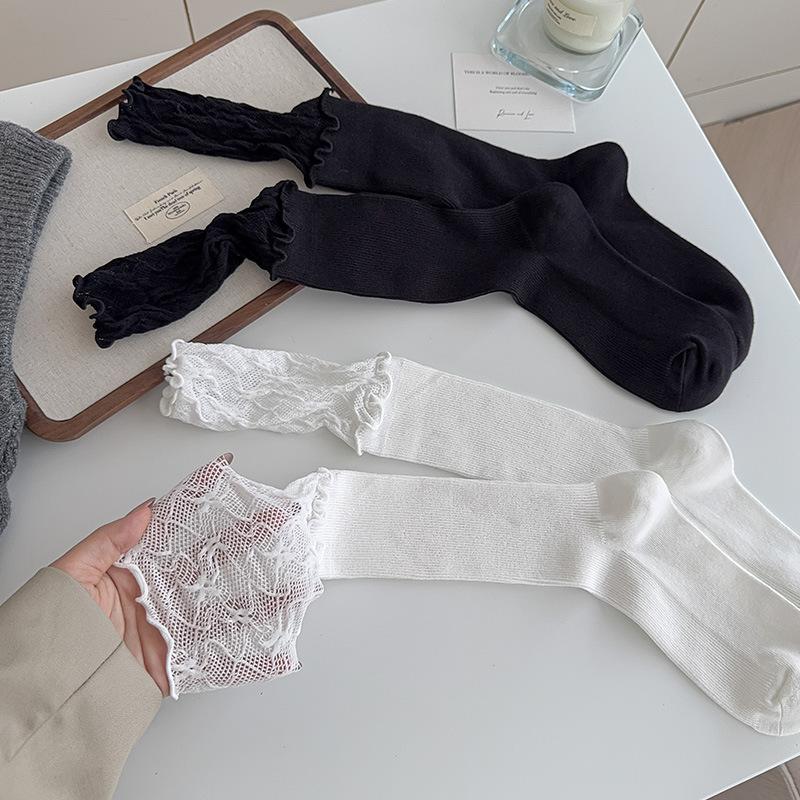 Socken im Ballettstil für Damen, Süße Patchwork-Mittelwadensocken mit Spitze, Dünner Stil für Frühling und Herbst, Niedliche schwarze, ohrenbesetzte Frotteesocken, Lolita