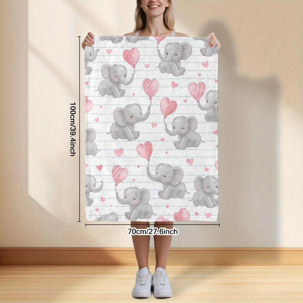 Cute Elephant Pink Balloon Hearts Throw Blanket - Whimsical Animal Pattern Cozy Soft Accent for Bed Sofa Office Travel