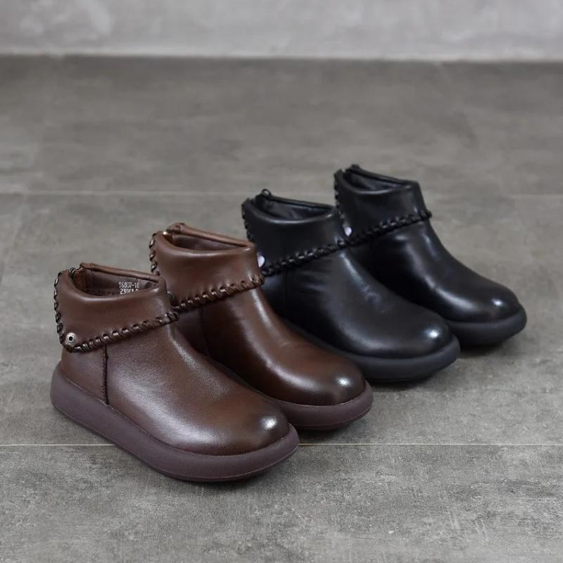 Johnature Turned-over Edge Plush Warm Cotton Shoes Genuine Leather Anti Slip Women's Ankle Boots