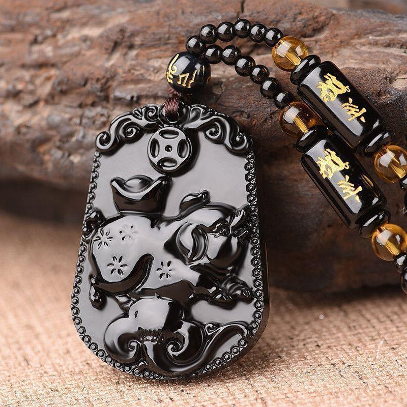 Carved Chinese Twelve Zodiac Lucky Blessing Pendant Imitation Black Obsidian for Party Favor Souvenir