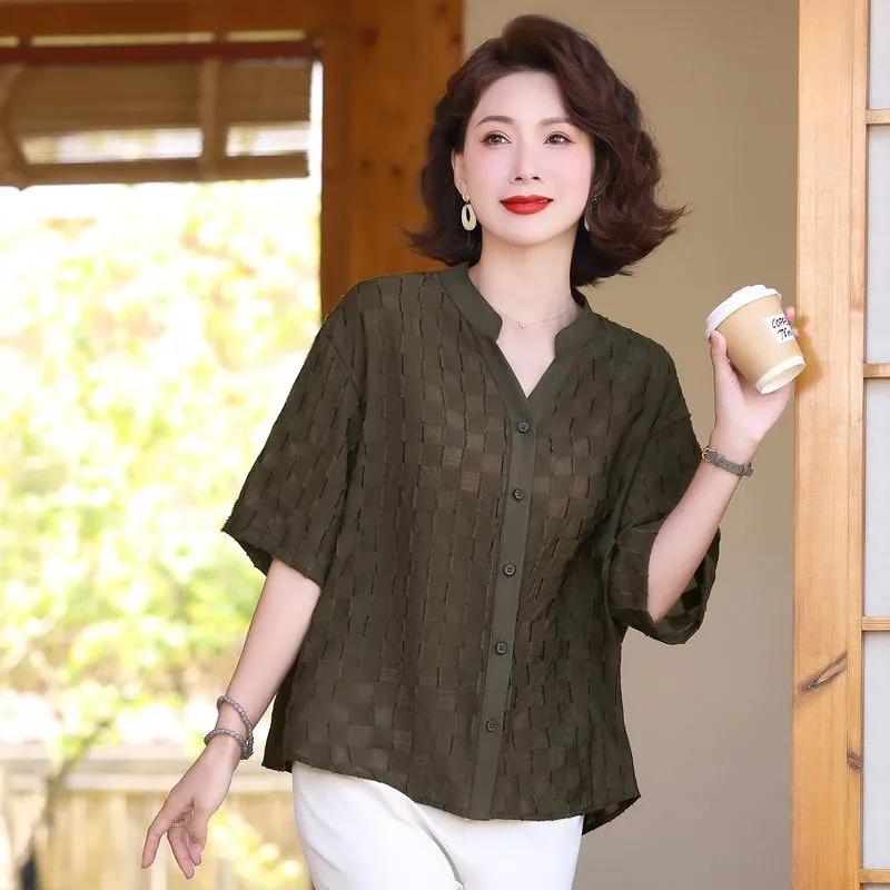 Women's Dark Green Jacquard Blouse V-neck Three-quarter Sleeve Loose-fit Casual Top