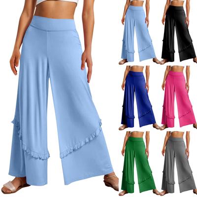 Women's Solid Color Loose Waist With Ruffle Flowy Wide Leg Casual Pants, Wide Leg Pants