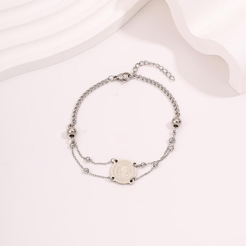 Personalized Retro Round Coin Main Tag Titanium Steel  Light Luxury Niche Layered Extension Pearl Adjustable  Women