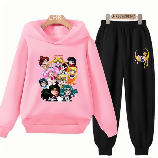 Herbst Hoodie Sailor Moon Print Kinder Mädchen Rosa 3-12 Jahre Sweatshirt+Hose Sport Pullover Jacke Freizeit Mode Anime Set