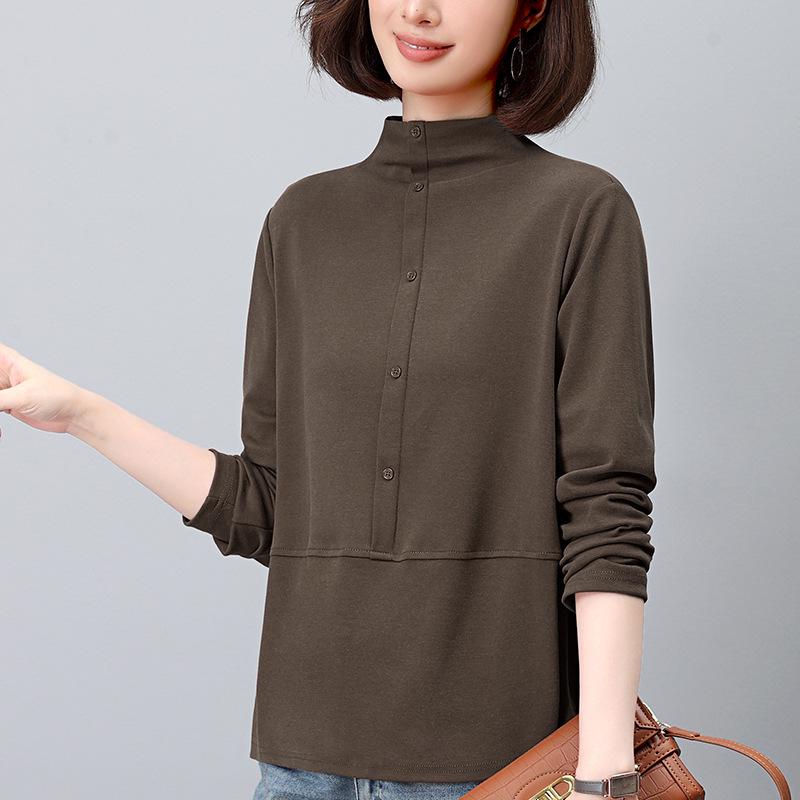 

Осенняя женская футболка в стиле пэчворк: Стильный, омолаживающий, свитшот с полувысоким воротником для мам L (116-125 jin) кофейный