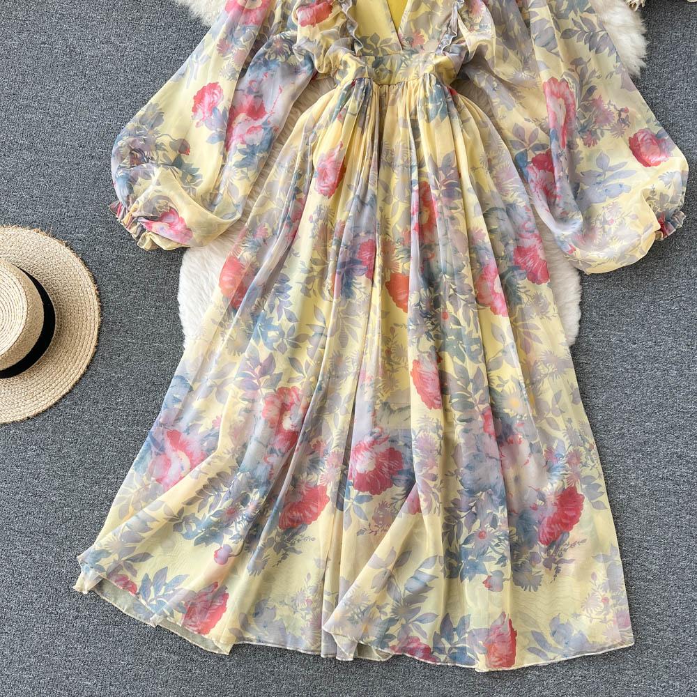 RUGOD Vacation Style Deep V-neck Lantern Sleeves Pleated Long Dress Early Spring Gentle Style Tea Break French Oil Painting Dress