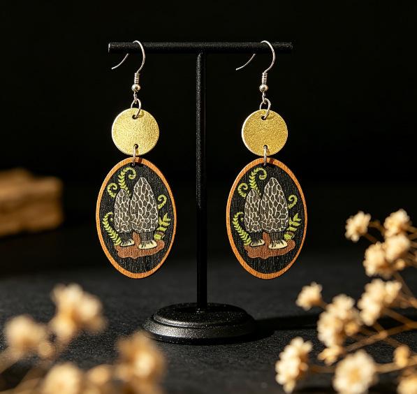 Retro Forest Mushroom Print Metal & Leather Wood Earrings