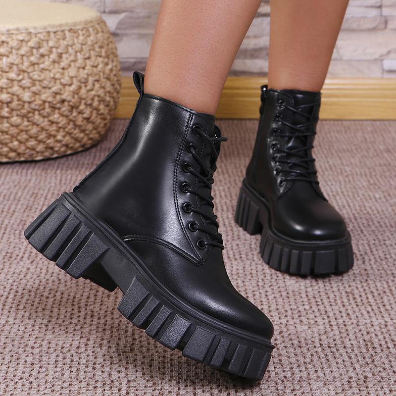 Fashion Women's Chunky Platform Ankle Boots Thick Bottom Non Slip Combat Boots Woman Fashion Lace Up Black PU Leather Botas Mujer 2025