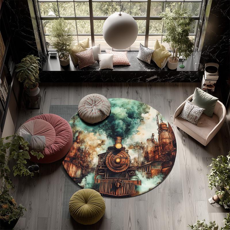 Steam Train,Round Area Rug,Carpet Rug for Living Room Bedroom Sofa Playroom Decor,Non-slip Floor Mat