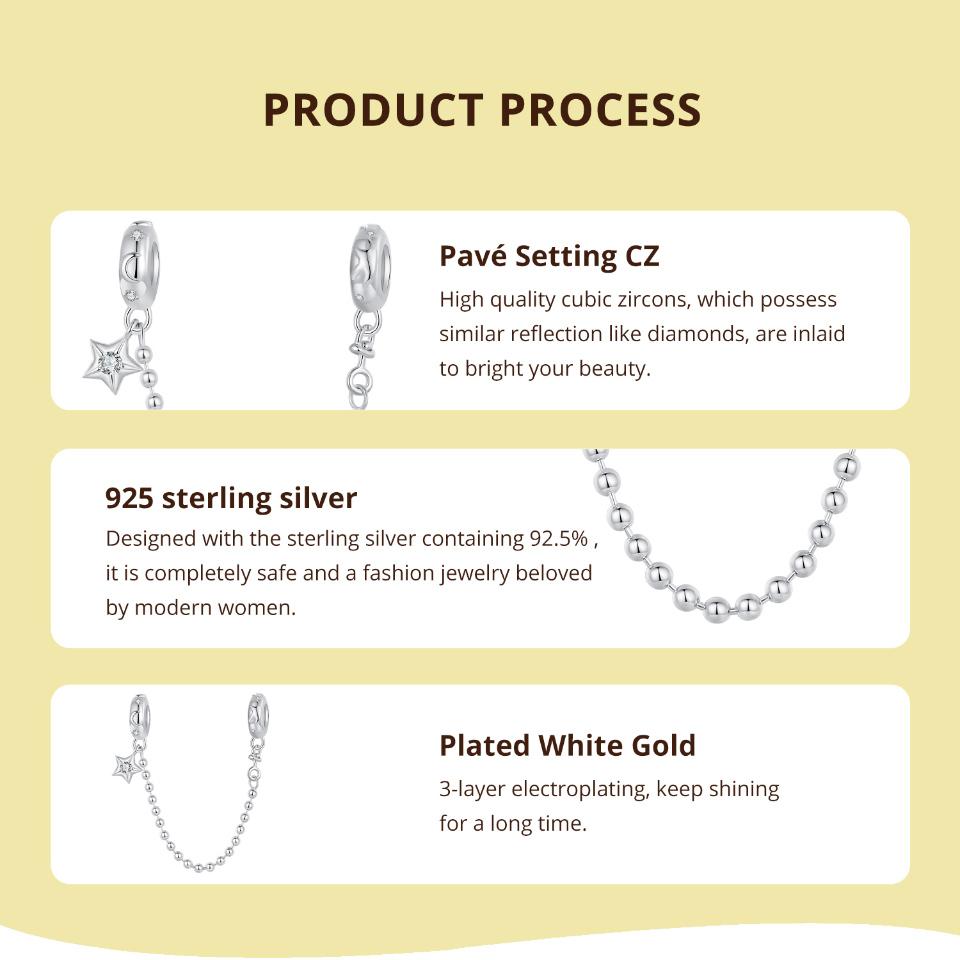 BAMOER 925 Sterling Silver Star and Moon Safety Chain Fit Bracelet for Women Gift Jewelry