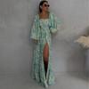 European and American women's clothing 2026 summer new holiday style can wear two lantern sleeves printed split pendulum dress