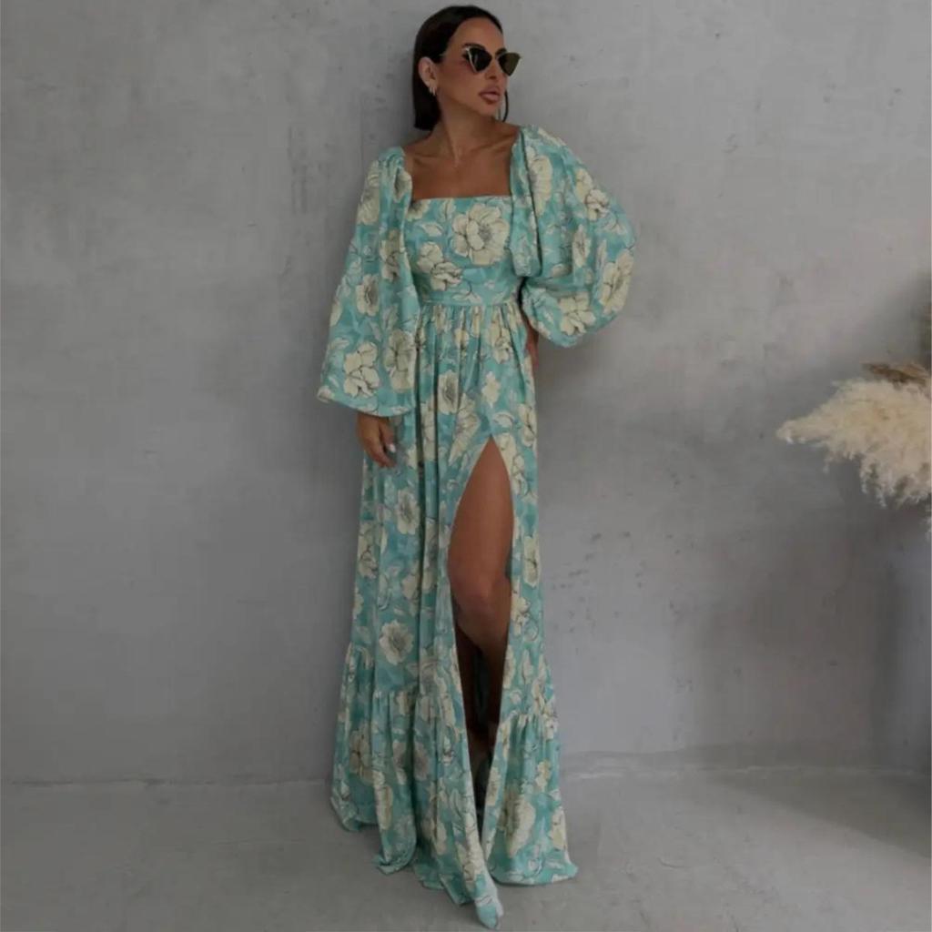 European and American women's clothing 2026 summer new holiday style can wear two lantern sleeves printed split pendulum dress